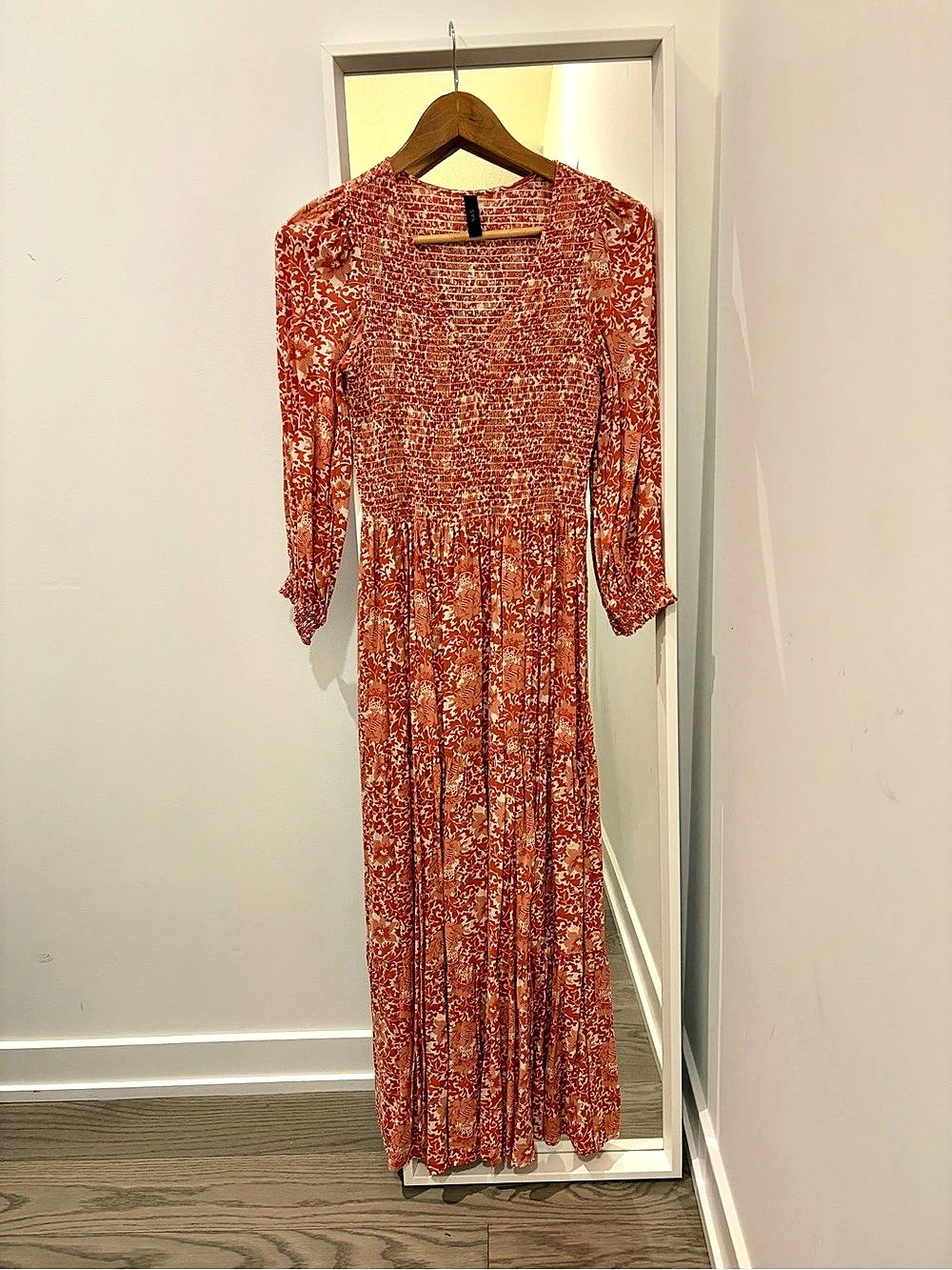 YAS Floral Long Sleeve Smocked Maxi Dress Orange & White Small